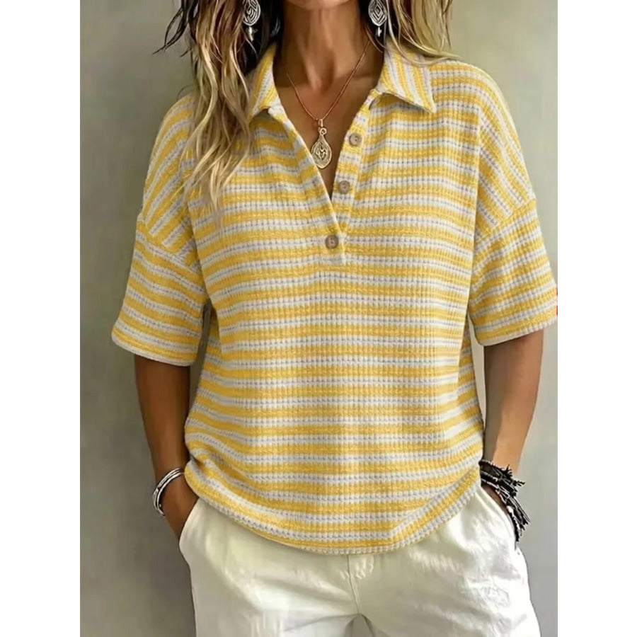 Full Size Contrast Striped Knit Polo Shirt Plus Size Yellow / S Apparel and Accessories