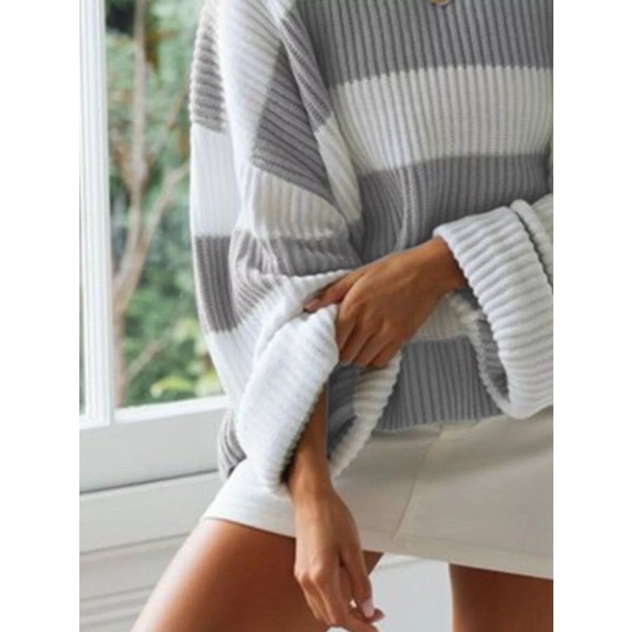 Full Size Contrast Striped Round Neck Sweater Plus Size Apparel and Accessories