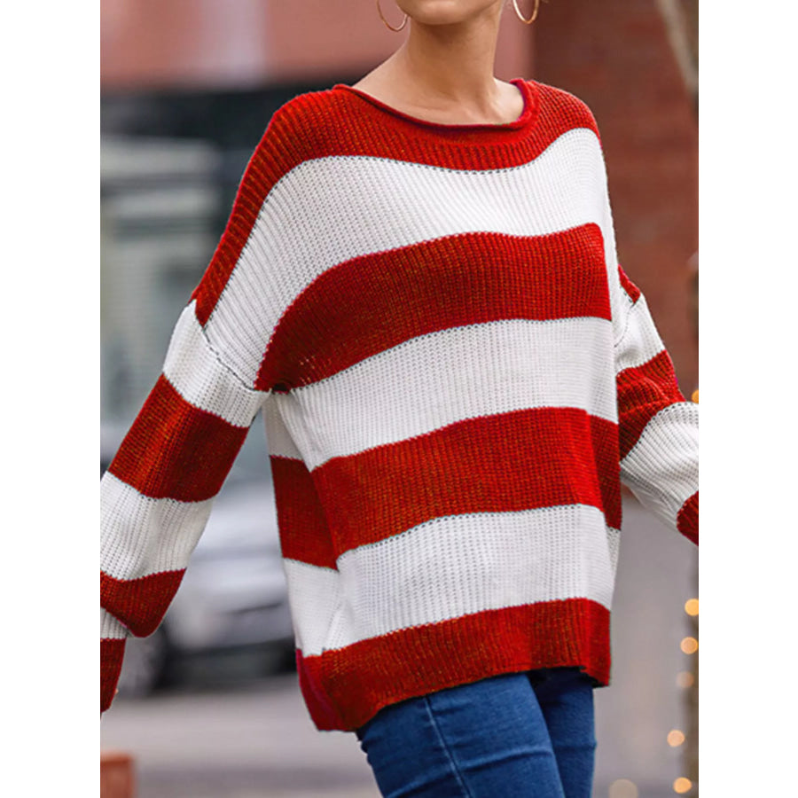 Full Size Contrast Striped Round Neck Sweater Plus Size Apparel and Accessories