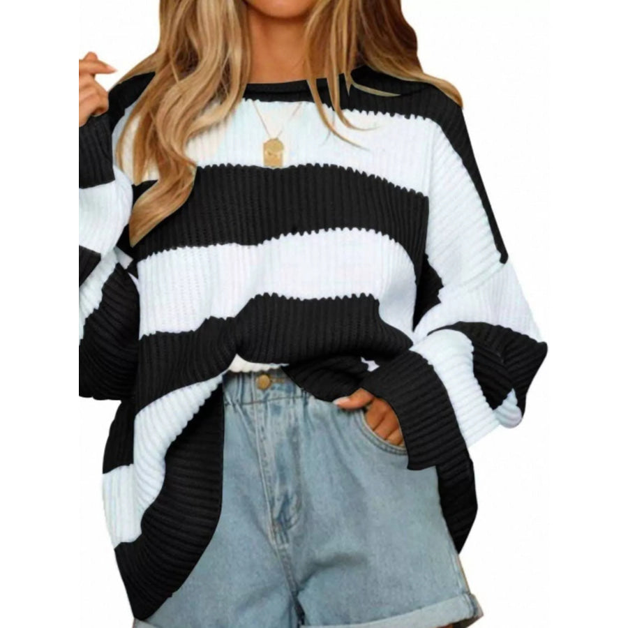 Full Size Contrast Striped Round Neck Sweater Plus Size Apparel and Accessories