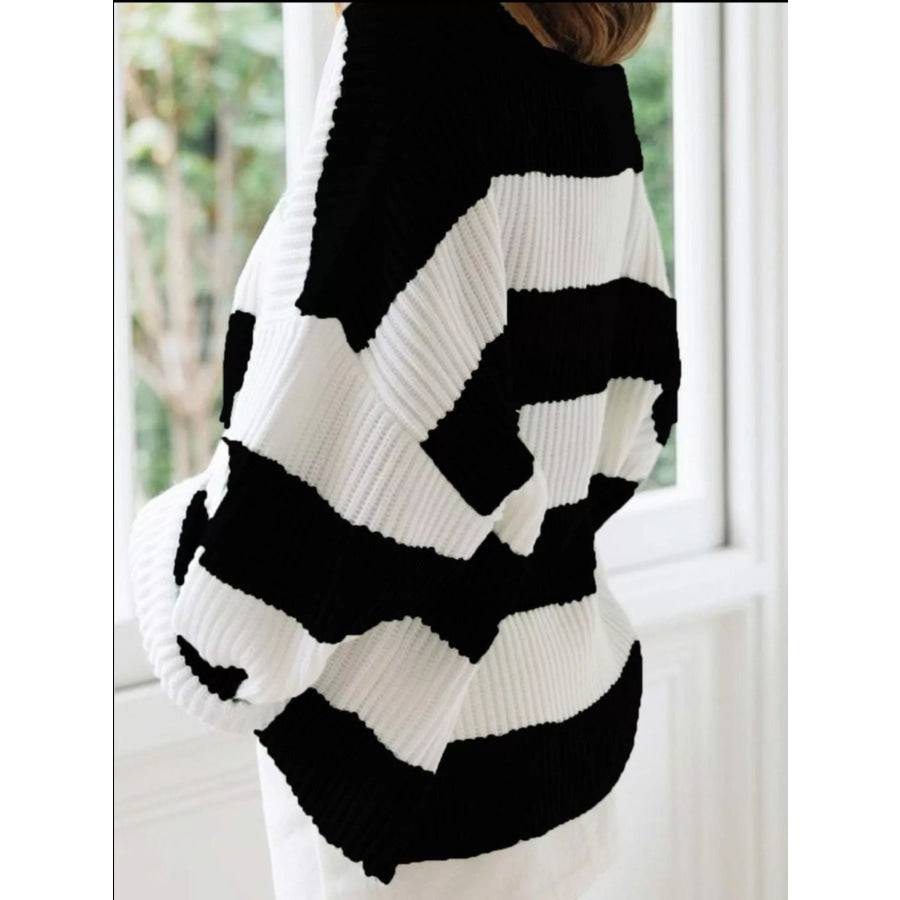 Full Size Contrast Striped Round Neck Sweater Plus Size Apparel and Accessories