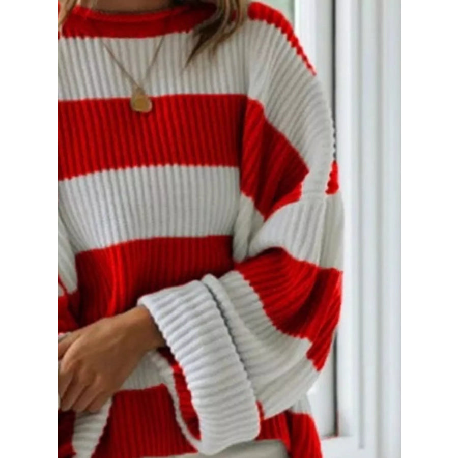 Full Size Contrast Striped Round Neck Sweater Plus Size Apparel and Accessories