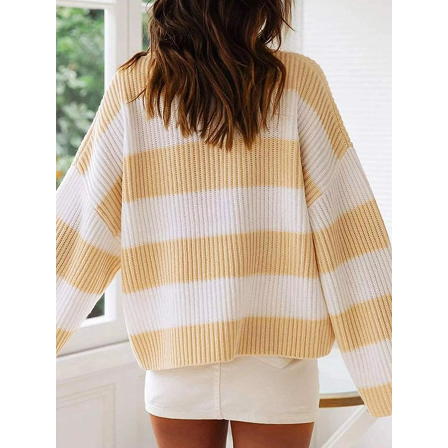 Full Size Contrast Striped Round Neck Sweater Plus Size Apparel and Accessories
