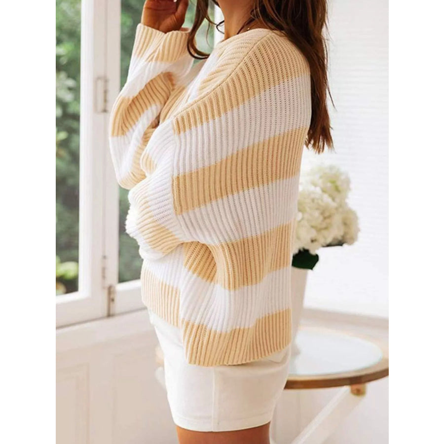 Full Size Contrast Striped Round Neck Sweater Plus Size Apparel and Accessories