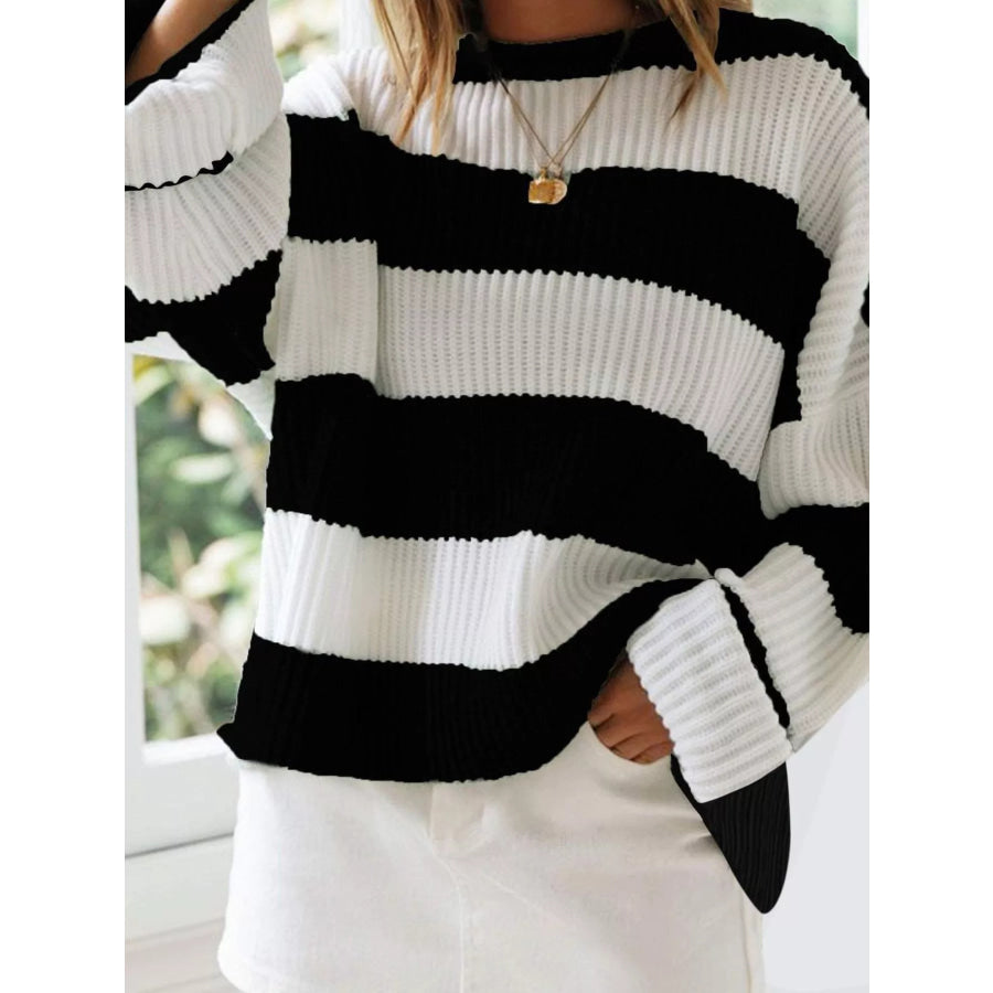 Full Size Contrast Striped Round Neck Sweater Plus Size Black / S Apparel and Accessories