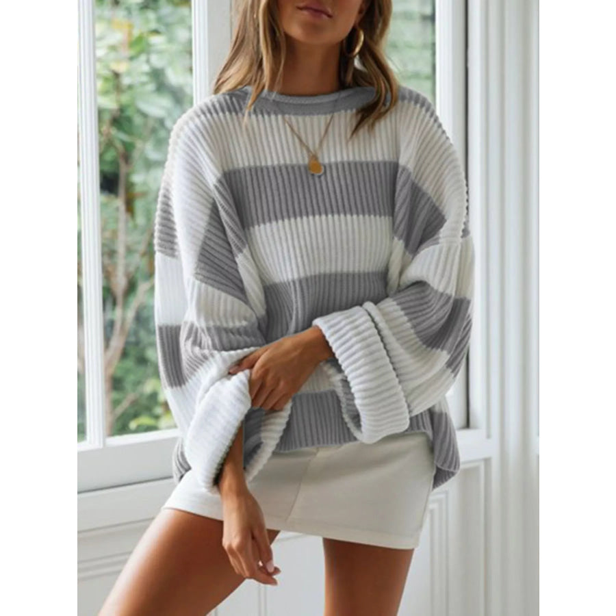 Full Size Contrast Striped Round Neck Sweater Plus Size Gray / S Apparel and Accessories