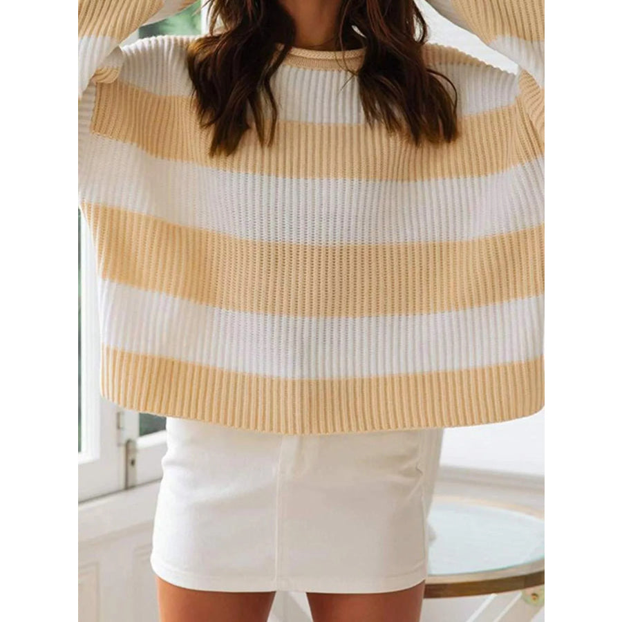 Full Size Contrast Striped Round Neck Sweater Plus Size Khaki / S Apparel and Accessories