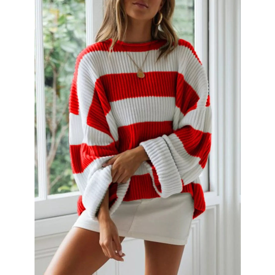 Full Size Contrast Striped Round Neck Sweater Plus Size Red / S Apparel and Accessories