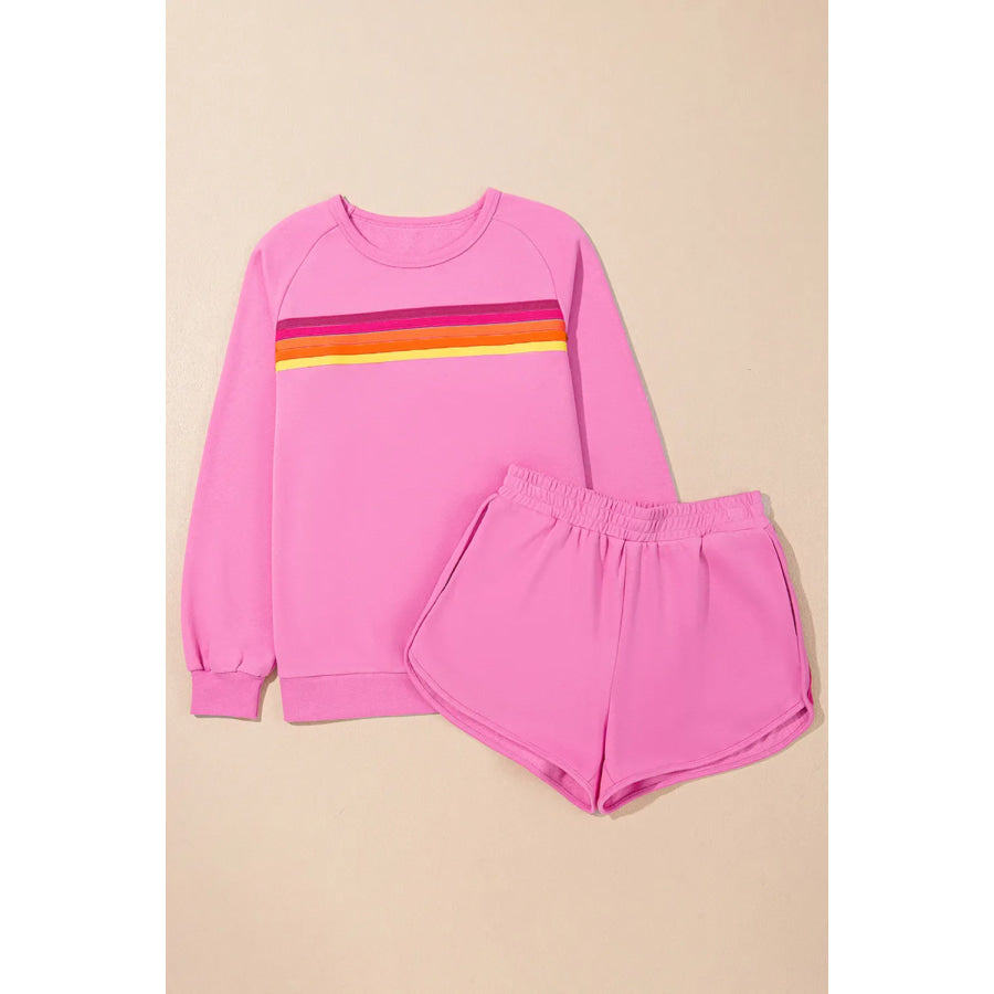 Full Size Contrast Striped Round Neck Top and Shorts Set Fuchsia Pink / S Apparel and Accessories