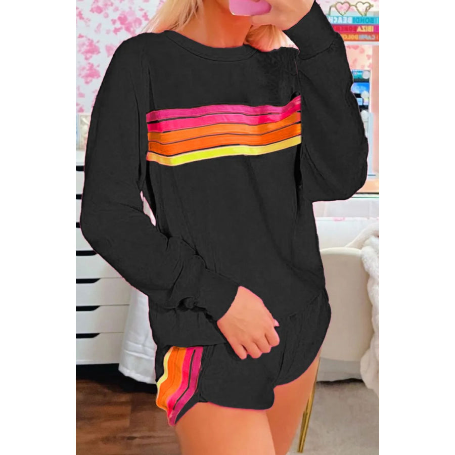 Full Size Contrast Striped Round Neck Top and Shorts Set Black / S Apparel and Accessories