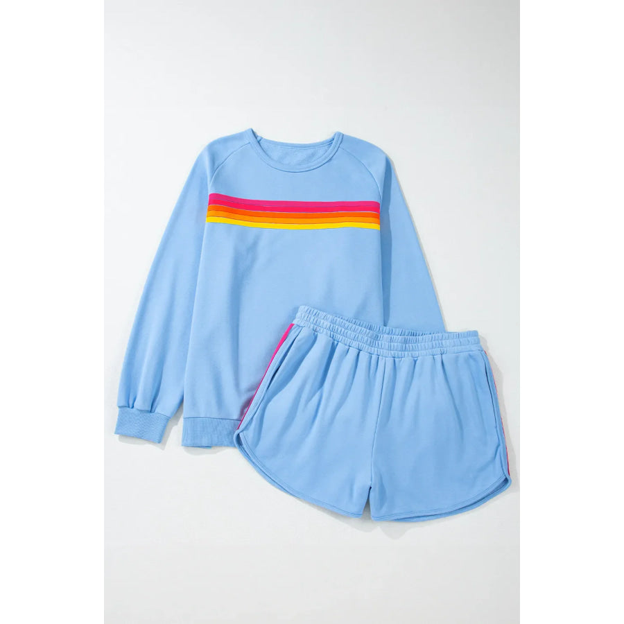 Full Size Contrast Striped Round Neck Top and Shorts Set Pastel Blue / S Apparel and Accessories