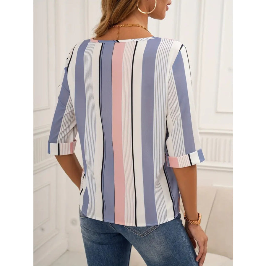 Full Size Contrast Stripes Round Neck Half Sleeve Blouse Apparel and Accessories