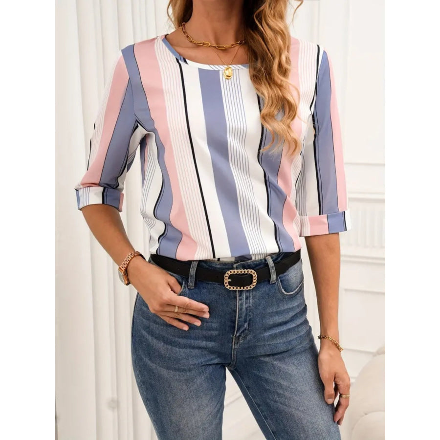 Full Size Contrast Stripes Round Neck Half Sleeve Blouse Apparel and Accessories