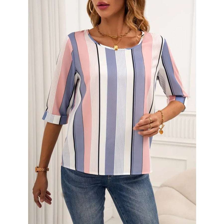 Full Size Contrast Stripes Round Neck Half Sleeve Blouse Stripe / S Apparel and Accessories