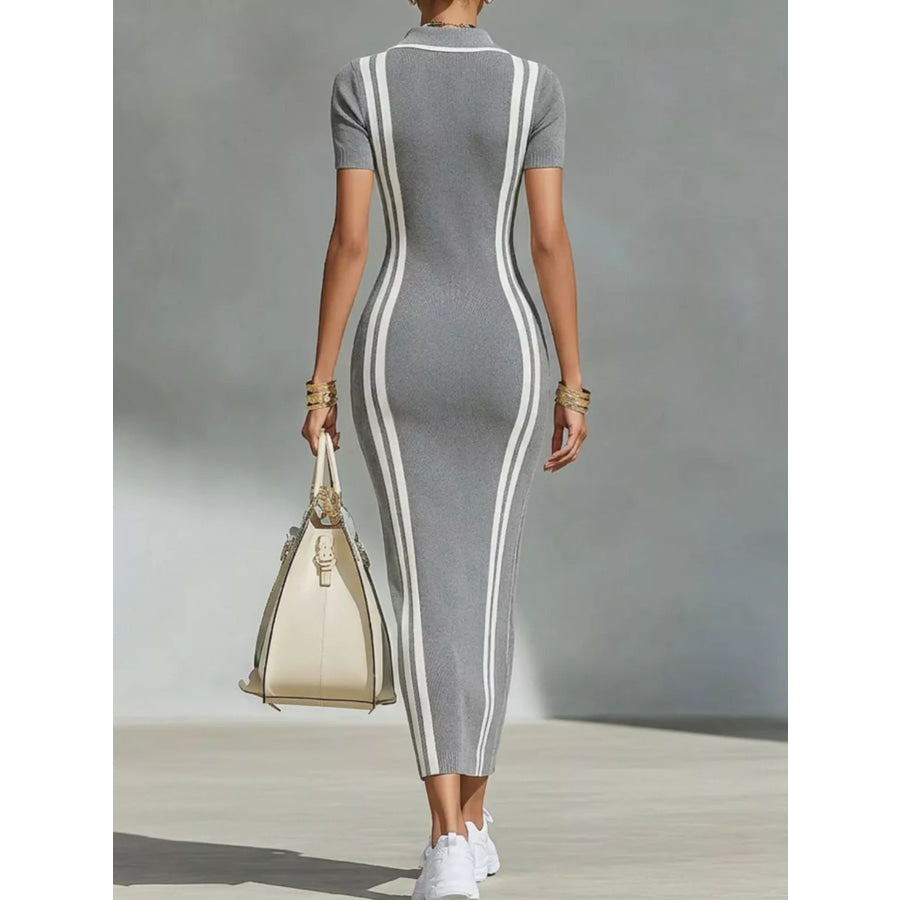 Full Size Contrast Stripes Short Sleeve Midi Dress Plus Apparel and Accessories
