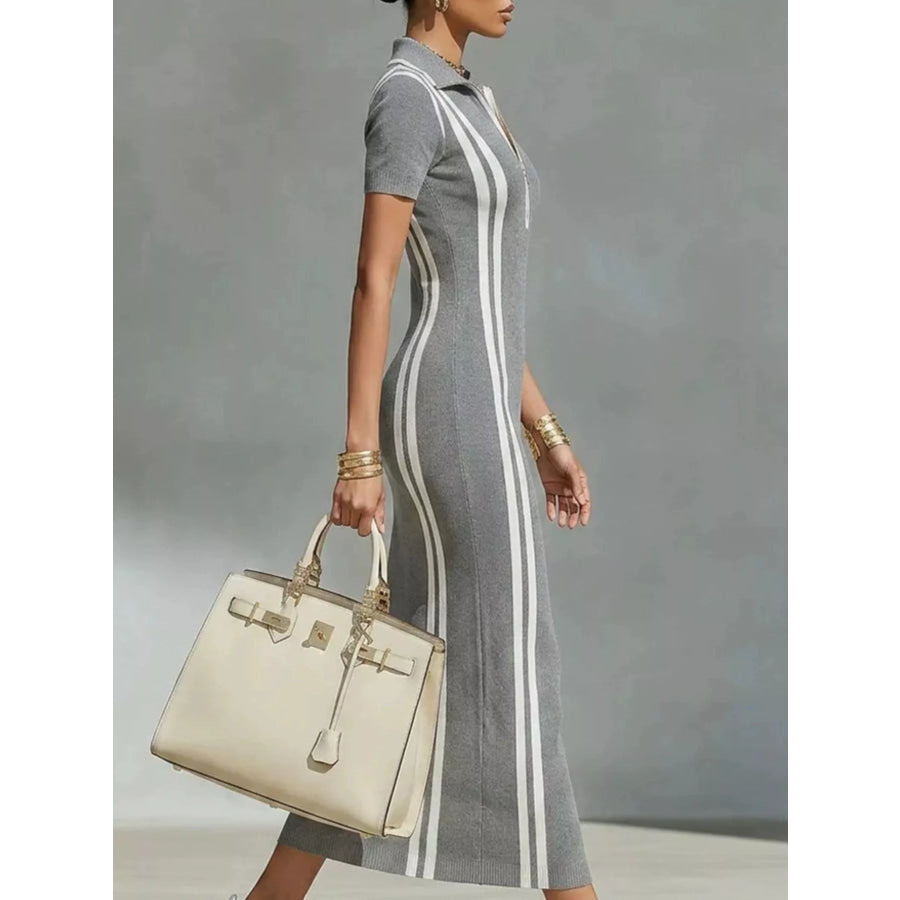 Full Size Contrast Stripes Short Sleeve Midi Dress Plus Apparel and Accessories