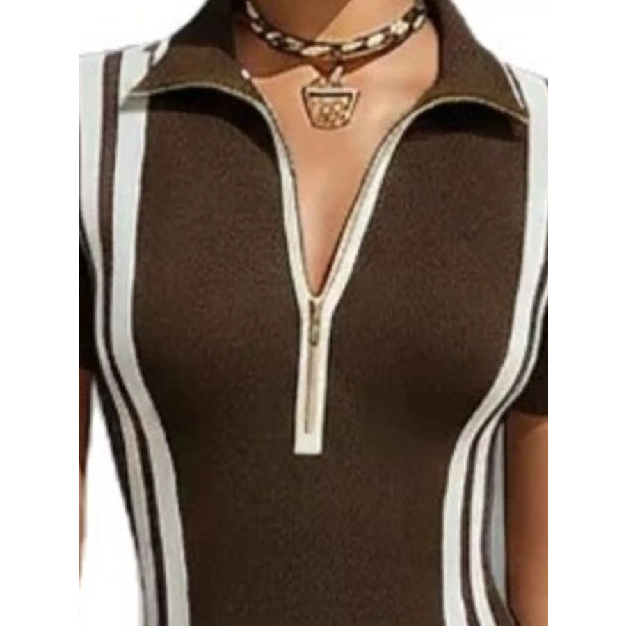 Full Size Contrast Stripes Short Sleeve Midi Dress Plus Apparel and Accessories
