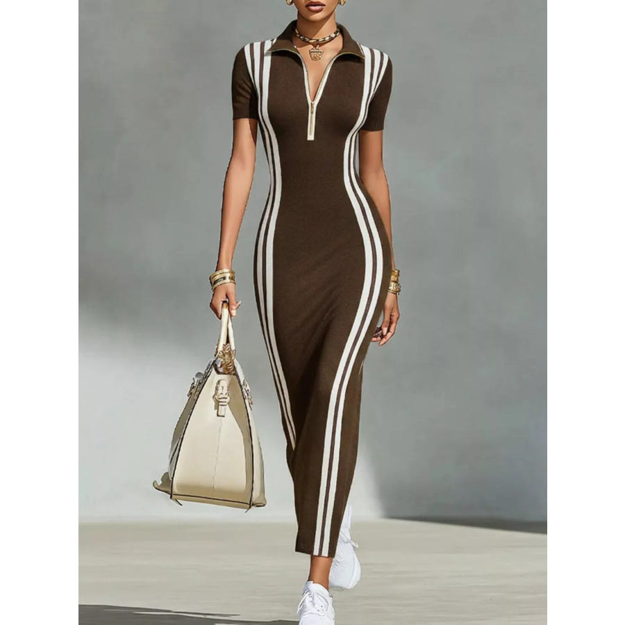 Full Size Contrast Stripes Short Sleeve Midi Dress Plus Brown / S Apparel and Accessories