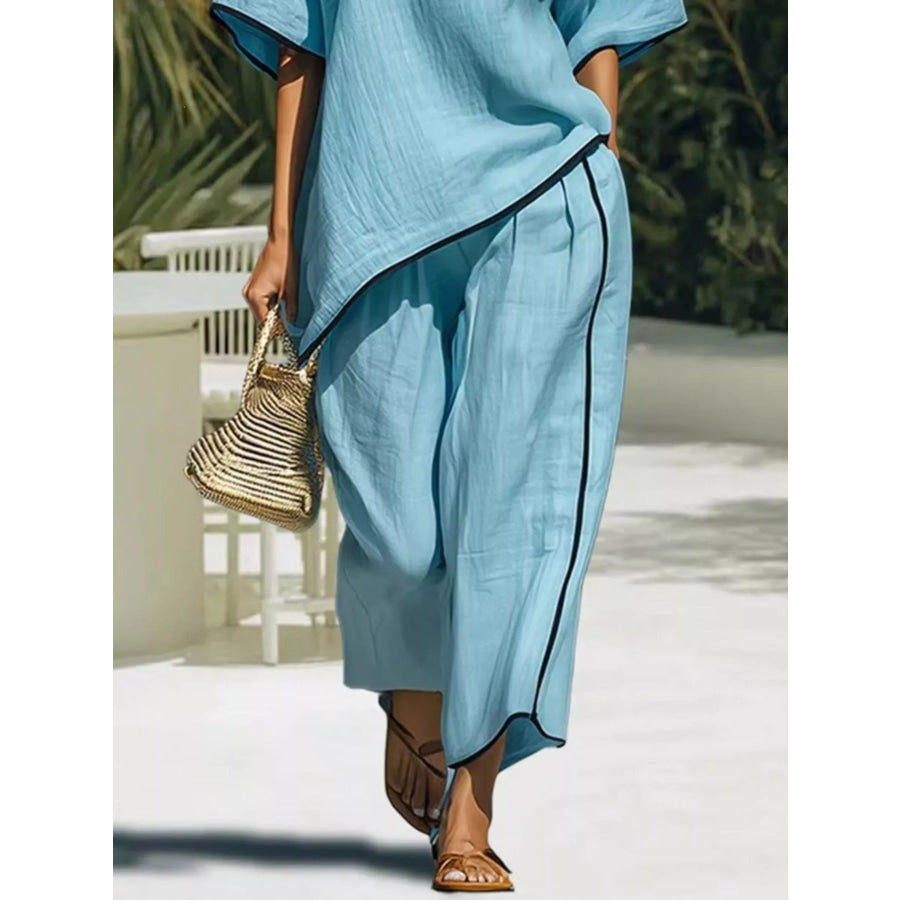 Full Size Contrast Trim Half Sleeve Top and Pants Set Plus Size Sky Blue / S Apparel and Accessories