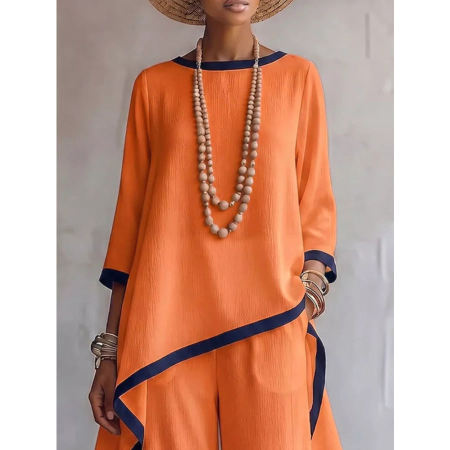 Full Size Contrast Trim High-Low Top and Pants Set Plus Apparel Accessories