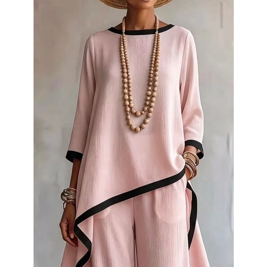 Full Size Contrast Trim High-Low Top and Pants Set Plus Apparel Accessories