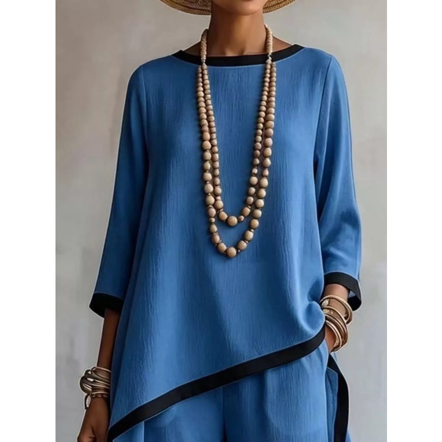 Full Size Contrast Trim High-Low Top and Pants Set Plus Apparel Accessories