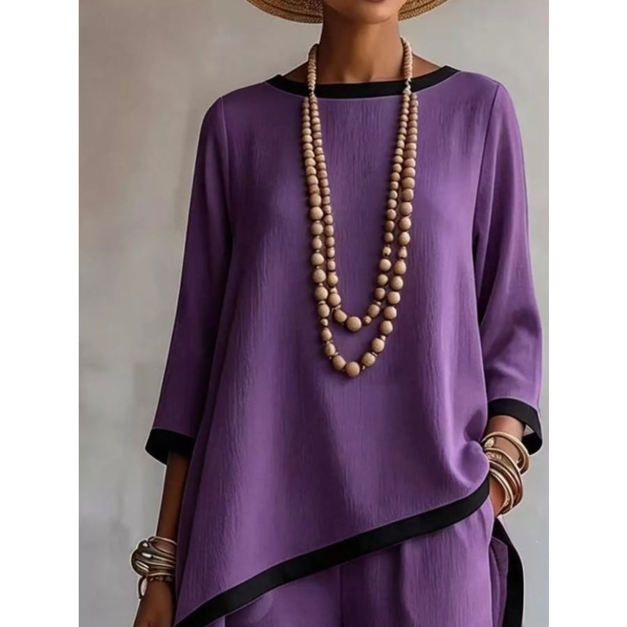 Full Size Contrast Trim High-Low Top and Pants Set Plus Apparel Accessories