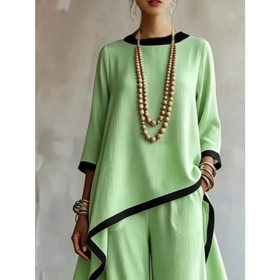Full Size Contrast Trim High-Low Top and Pants Set Plus Apparel Accessories