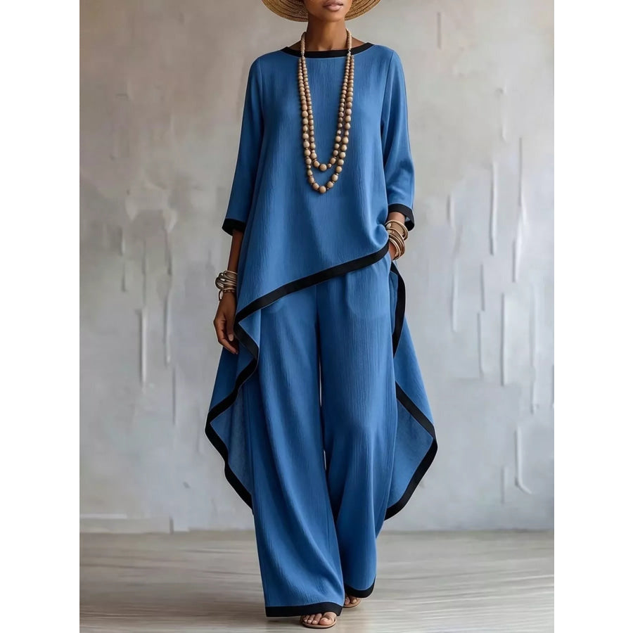 Full Size Contrast Trim High-Low Top and Pants Set Plus Blue / S Apparel Accessories