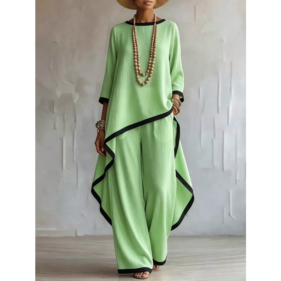 Full Size Contrast Trim High-Low Top and Pants Set Plus Light Green / S Apparel Accessories
