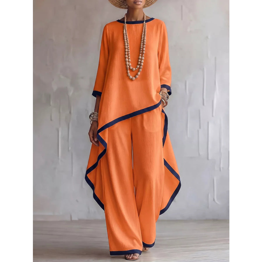 Full Size Contrast Trim High-Low Top and Pants Set Plus Orange / S Apparel Accessories