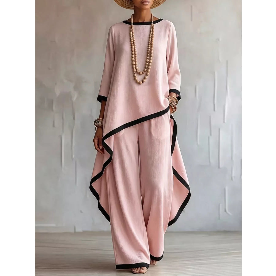 Full Size Contrast Trim High-Low Top and Pants Set Plus Pink / S Apparel Accessories