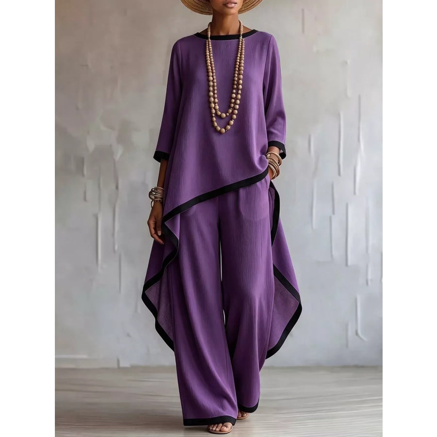 Full Size Contrast Trim High-Low Top and Pants Set Plus Purple / S Apparel Accessories