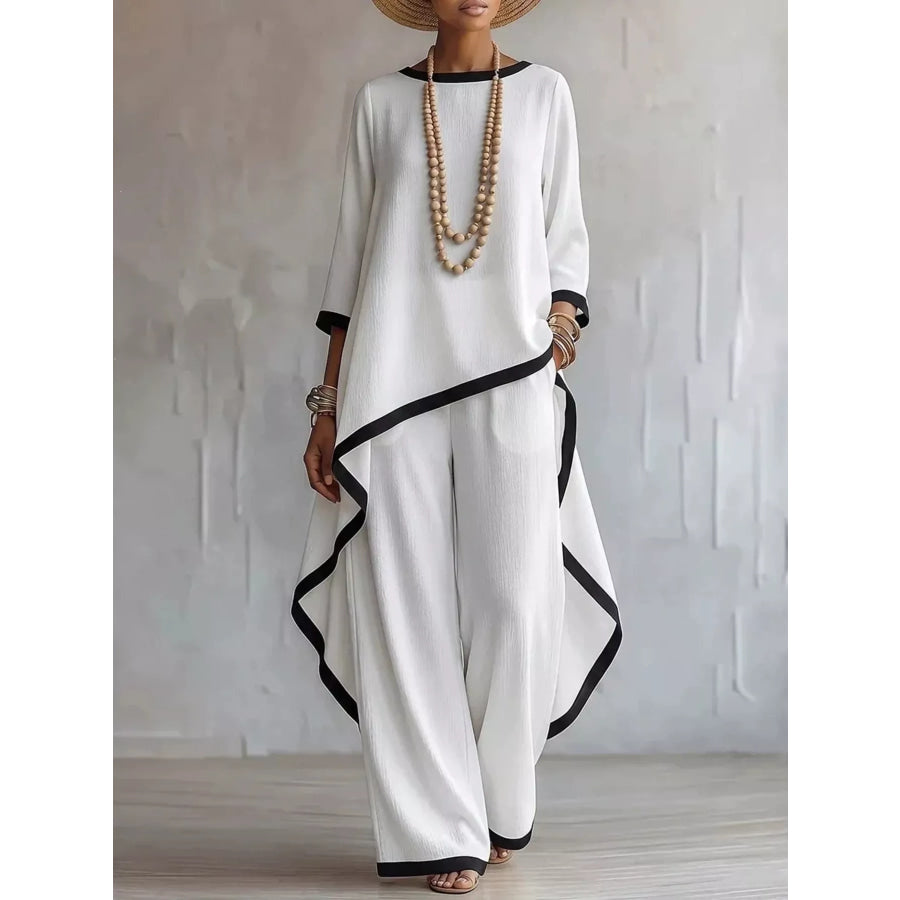 Full Size Contrast Trim High-Low Top and Pants Set Plus White / S Apparel Accessories