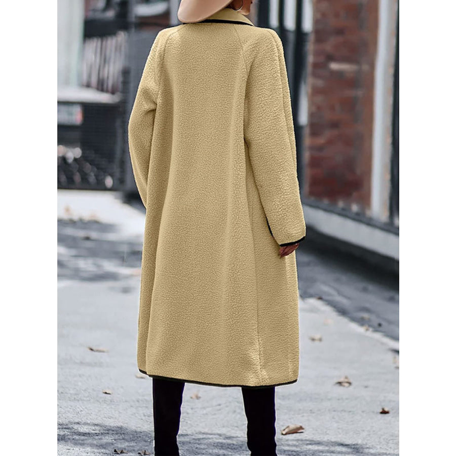 Full Size Contrast Trim Long Sleeve Coat with Pockets Apparel and Accessories