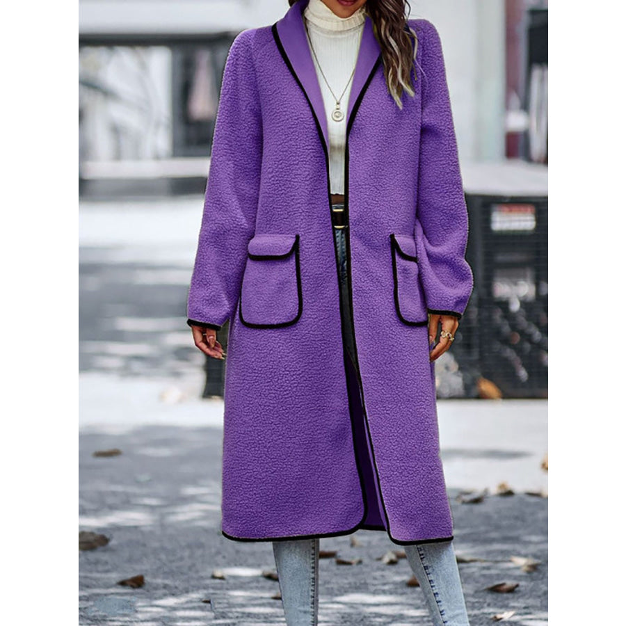 Full Size Contrast Trim Long Sleeve Coat with Pockets Apparel and Accessories