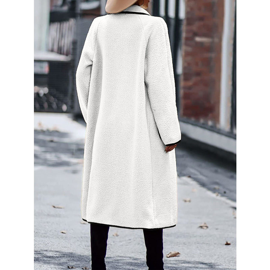 Full Size Contrast Trim Long Sleeve Coat with Pockets Apparel and Accessories