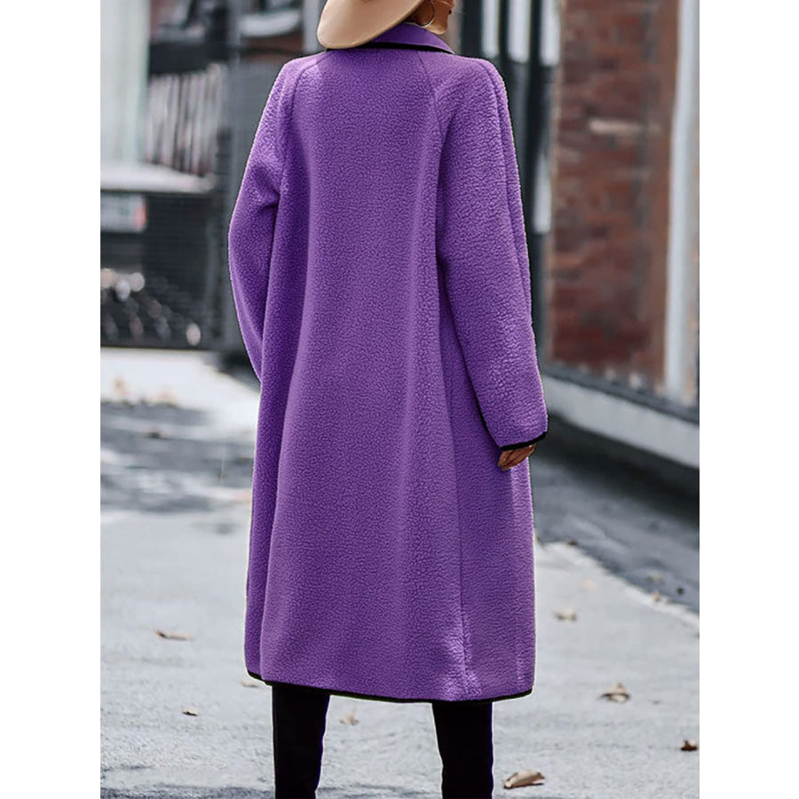 Full Size Contrast Trim Long Sleeve Coat with Pockets Apparel and Accessories