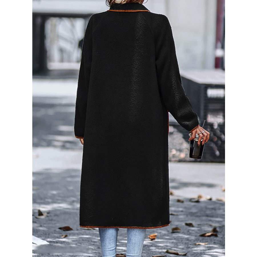 Full Size Contrast Trim Long Sleeve Coat with Pockets Apparel and Accessories