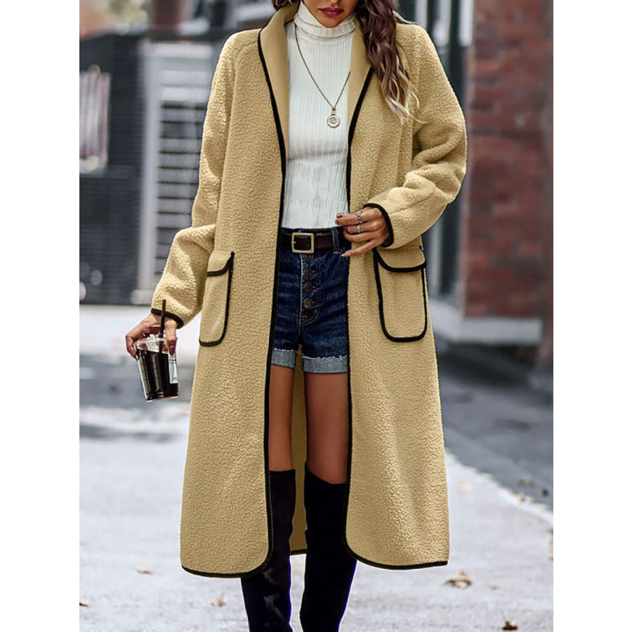 Full Size Contrast Trim Long Sleeve Coat with Pockets Camel / S Apparel and Accessories