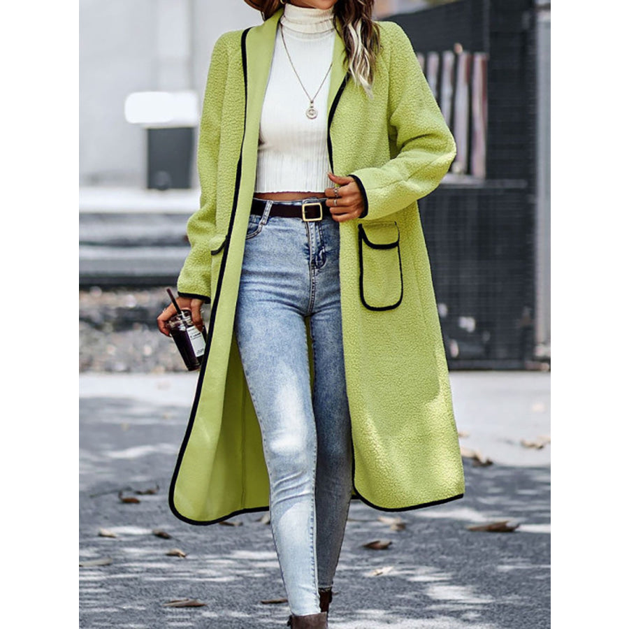 Full Size Contrast Trim Long Sleeve Coat with Pockets Lime / S Apparel and Accessories