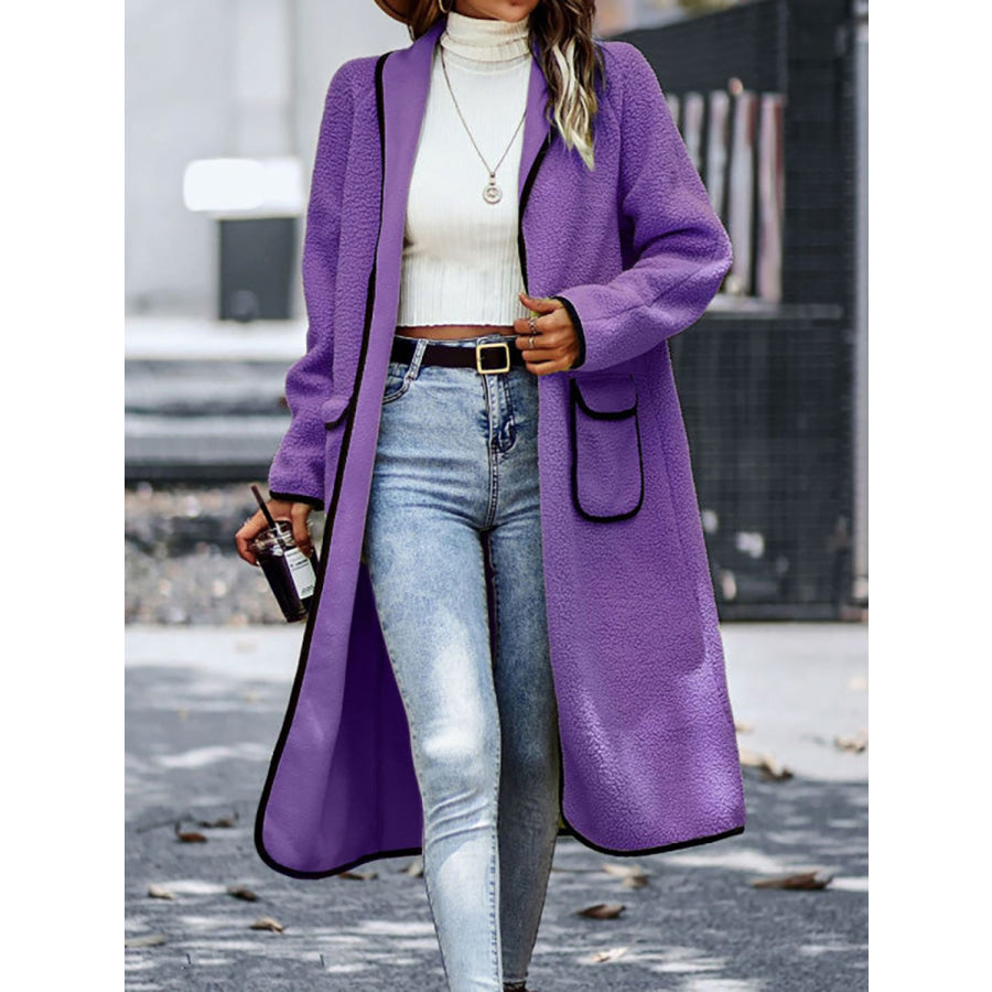 Full Size Contrast Trim Long Sleeve Coat with Pockets Purple / S Apparel and Accessories