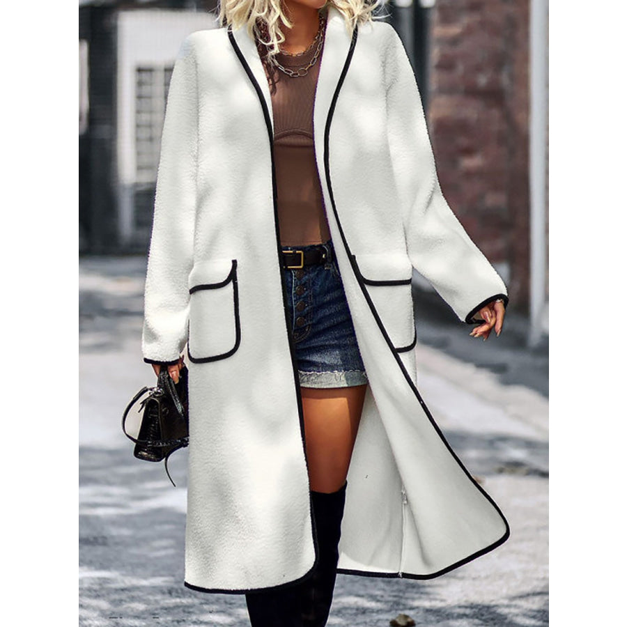 Full Size Contrast Trim Long Sleeve Coat with Pockets White / S Apparel and Accessories