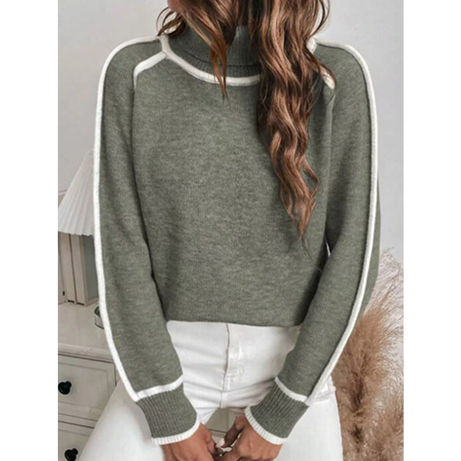 Full Size Contrast Trim Ribbed Hem Turtleneck Sweater Plus Apparel and Accessories