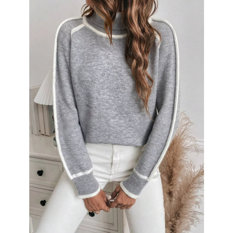 Full Size Contrast Trim Ribbed Hem Turtleneck Sweater Plus Apparel and Accessories