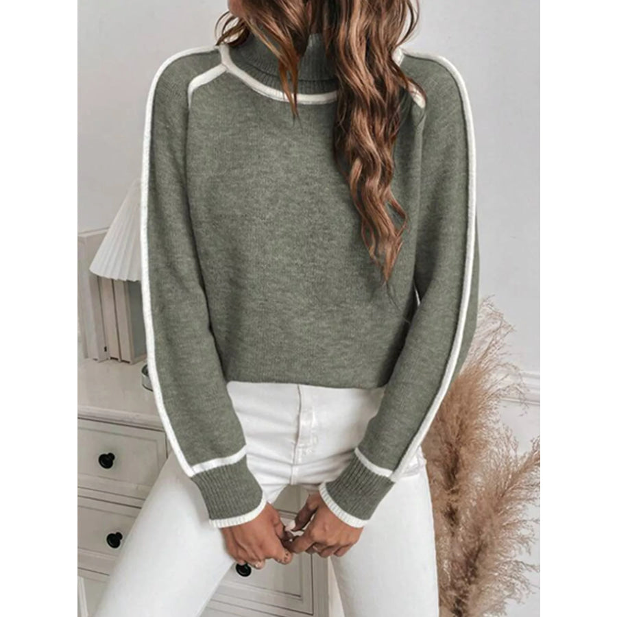 Full Size Contrast Trim Ribbed Hem Turtleneck Sweater Plus Apparel and Accessories