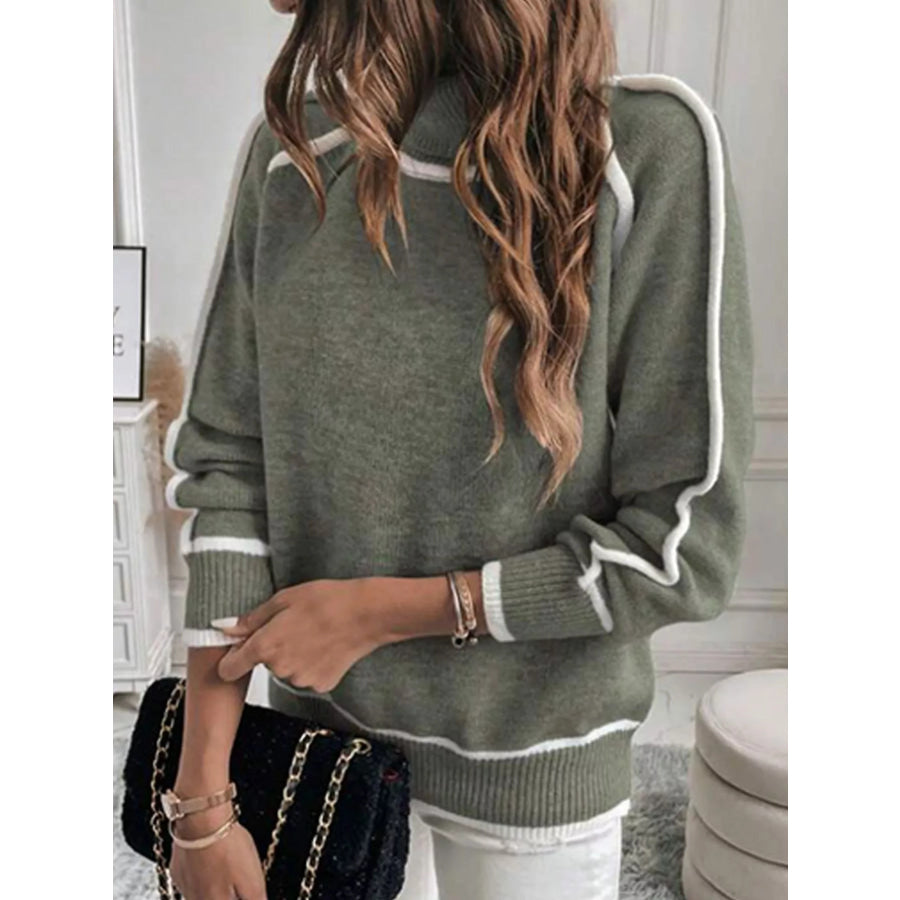 Full Size Contrast Trim Ribbed Hem Turtleneck Sweater Plus Apparel and Accessories