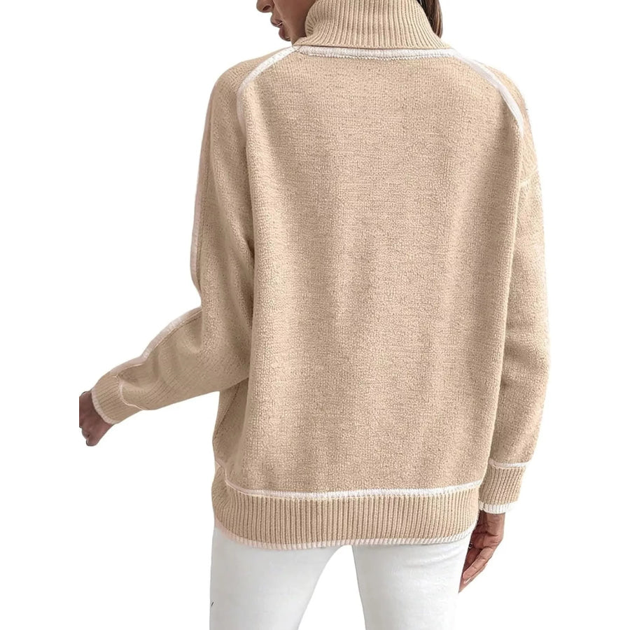 Full Size Contrast Trim Ribbed Hem Turtleneck Sweater Plus Apricot / S Apparel and Accessories