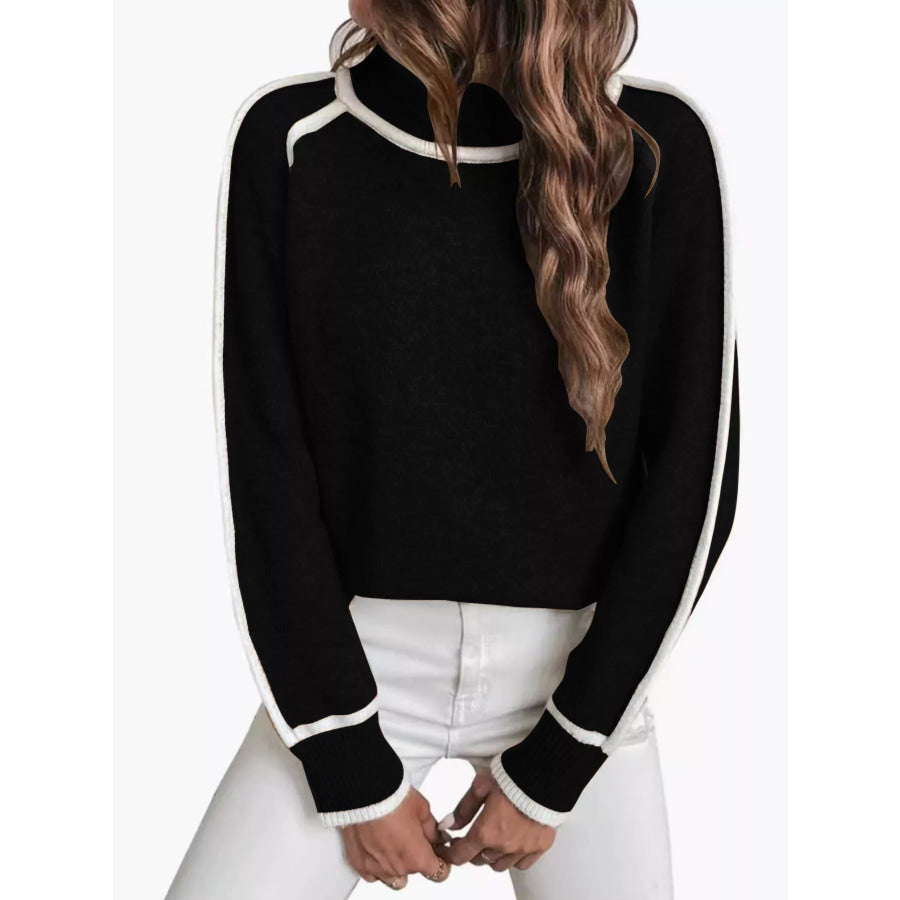 Full Size Contrast Trim Ribbed Hem Turtleneck Sweater Plus Black / S Apparel and Accessories
