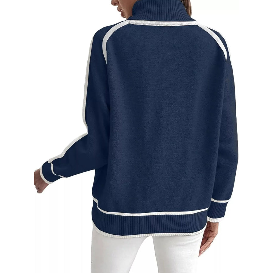 Full Size Contrast Trim Ribbed Hem Turtleneck Sweater Plus Blue / S Apparel and Accessories
